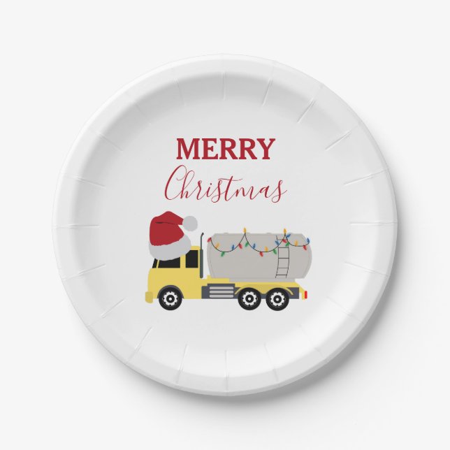 Christmas Tanker Truck Transportation Trucks Paper Plates (Front)