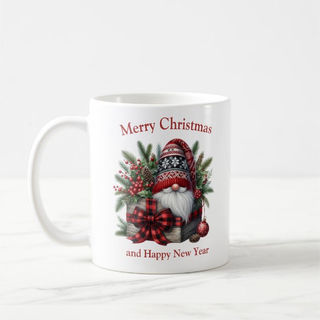 Christmas tartan bow and gnome with presents coffee mug (Left)