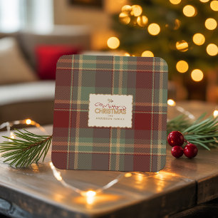 Christmas Tartan Brick Red Green ID1141A Square Paper Coaster