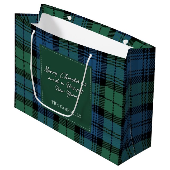 Christmas Tartan Clan Campbell Plaid Personalized Large Gift Bag (Front Angled)