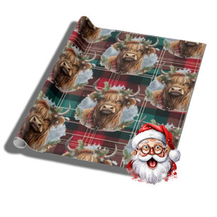 Christmas Tartan hunter green Highlander Cow Wrapping Paper
