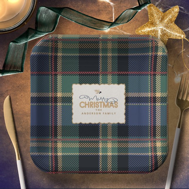 Christmas Tartan Navy Blue Green ID1141B Paper Plates (Creator Uploaded)