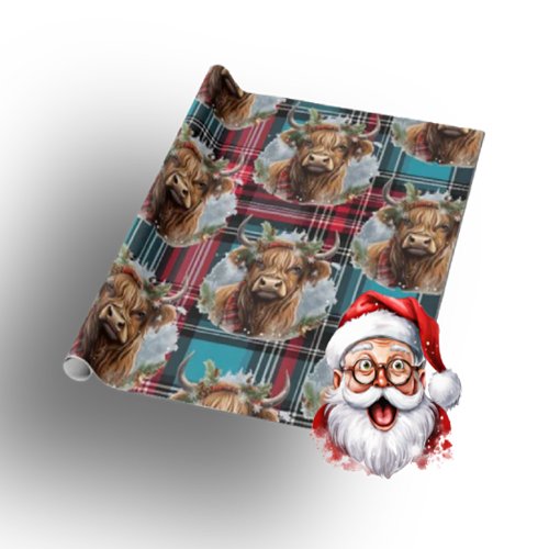 Christmas Tartan pacific blue Highlander Cow Wrapping Paper
