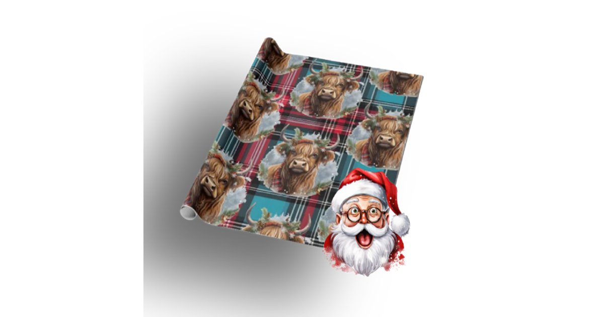 Christmas Tartan pacific blue Highlander Cow Wrapping Paper | Zazzle