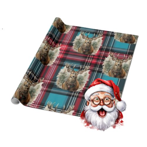 Christmas Tartan pacific blue reindeer Wrapping Paper
