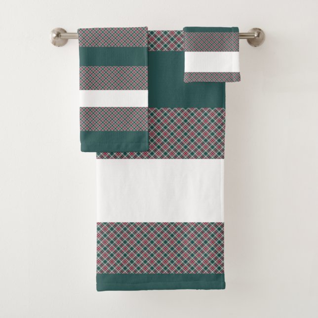 Christmas Tartan Pattern With Stripes White Green Bath Towel Set (Insitu)