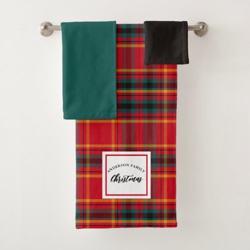 Christmas Tartan Plaid Family Name Bath Towel Set