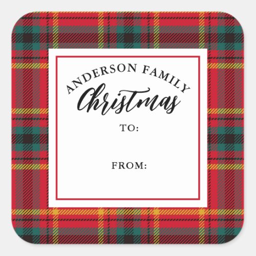 Christmas Tartan Plaid Family Name Gift Square Sticker