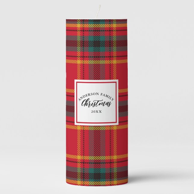 Christmas Tartan Plaid Family Name Pillar Candle (Front)