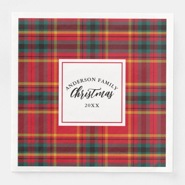 Christmas Tartan Plaid Family Name Year Paper Dinner Napkins (Front)