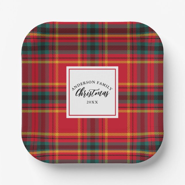 Christmas Tartan Plaid Family Name Year Paper Plates (Front)