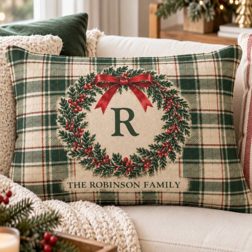 Christmas Tartan Plaid Monogram Surname Wreath Accent Pillow