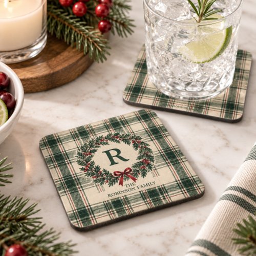 Christmas Tartan Plaid Monogram Surname Wreath Beverage Coaster