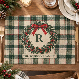 Christmas Tartan Plaid Monogram Surname Wreath Cloth Placemat