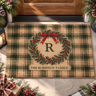 Christmas Tartan Plaid Monogram Surname Wreath Fiber Doormat