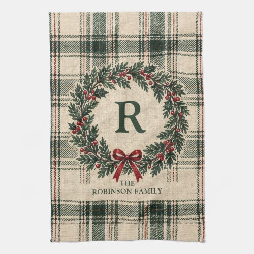 Christmas Tartan Plaid Monogram Surname Wreath Kitchen Towel