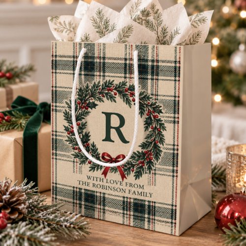 Christmas Tartan Plaid Monogram Surname Wreath Medium Gift Bag