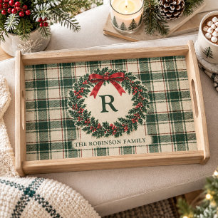 Christmas Tartan Plaid Monogram Surname Wreath Serving Tray