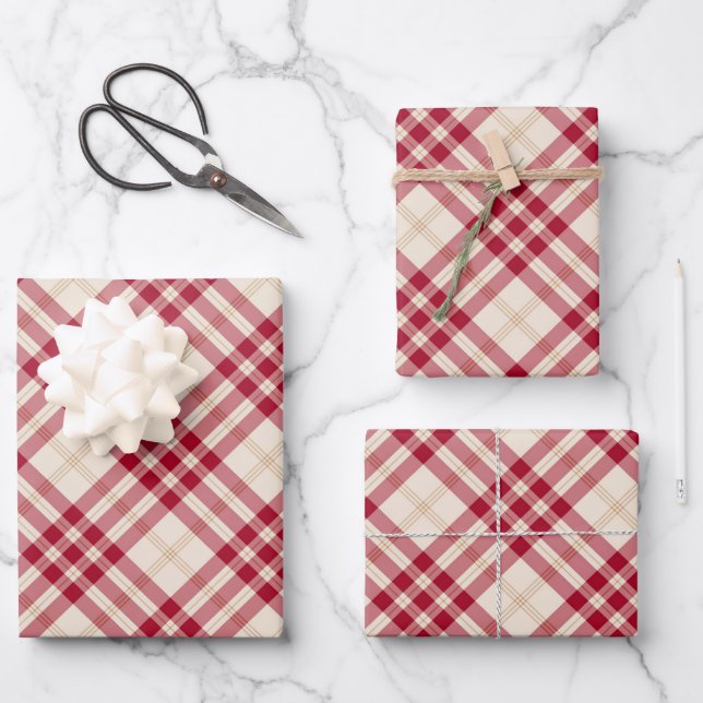 Christmas tartan plaid red white diagonal pattern wrapping paper sheets (Front)
