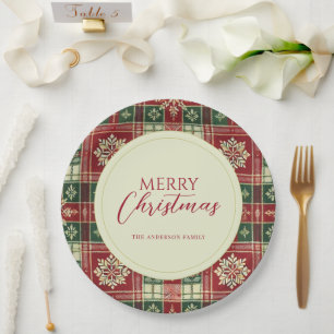 Christmas Tartan Plaid Snowflake Rustic Paper Plates