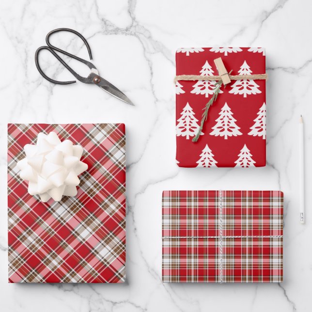 Christmas Tartan Plaid with Tree Wrapping Paper Sheets (Front)