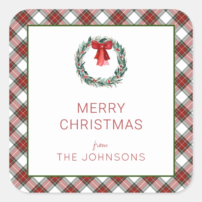 Christmas Tartan Plaid Wreath Bow Square Sticker (Front)