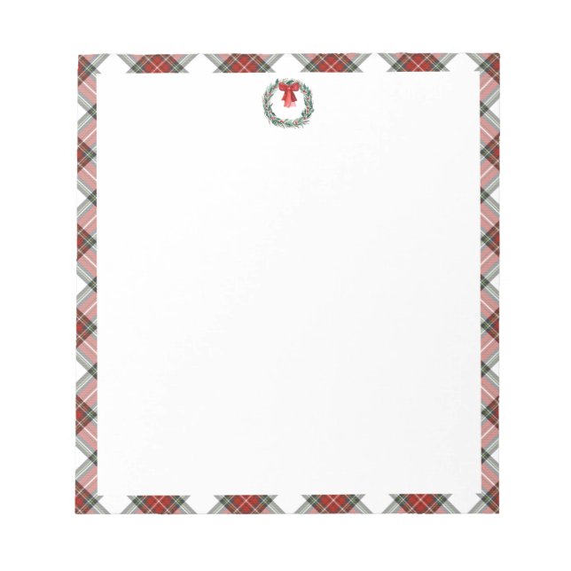 Christmas Tartan Plaid Wreath Bow Stationary Paper Notepad (Front)