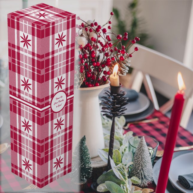 Christmas Tartan - Red and White with Poinsettia Wine Box (Christmas Tartan - Red and White with Poinsettia Wine Box by Leapfroglisics Shop)