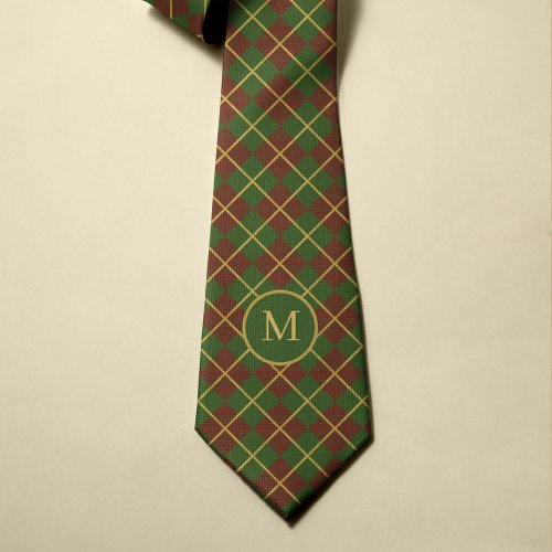 Christmas tartan red green gold monogrammed neck tie