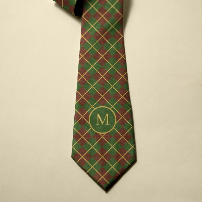 Christmas tartan red green gold monogrammed neck tie (Creator Uploaded)
