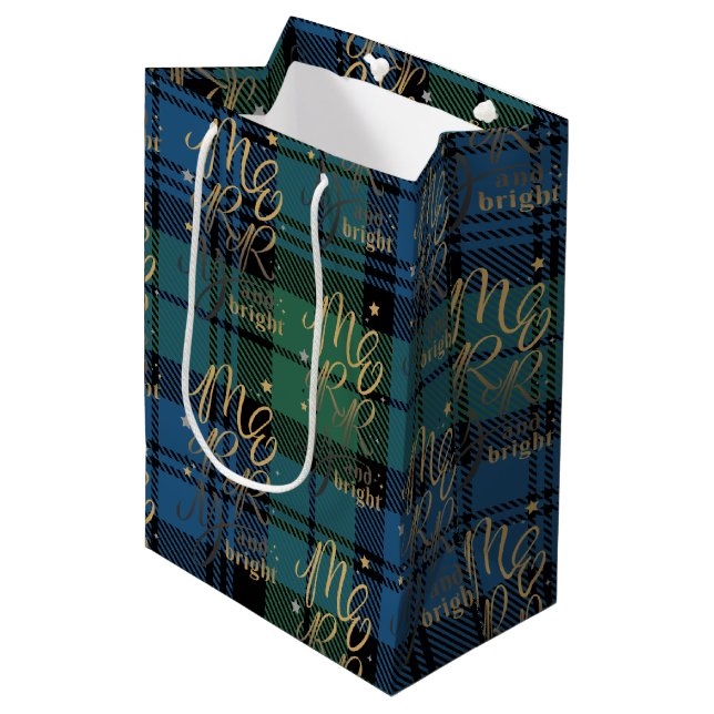 Christmas Tartan Script Green Blue Check Plaid Medium Gift Bag (Front Angled)
