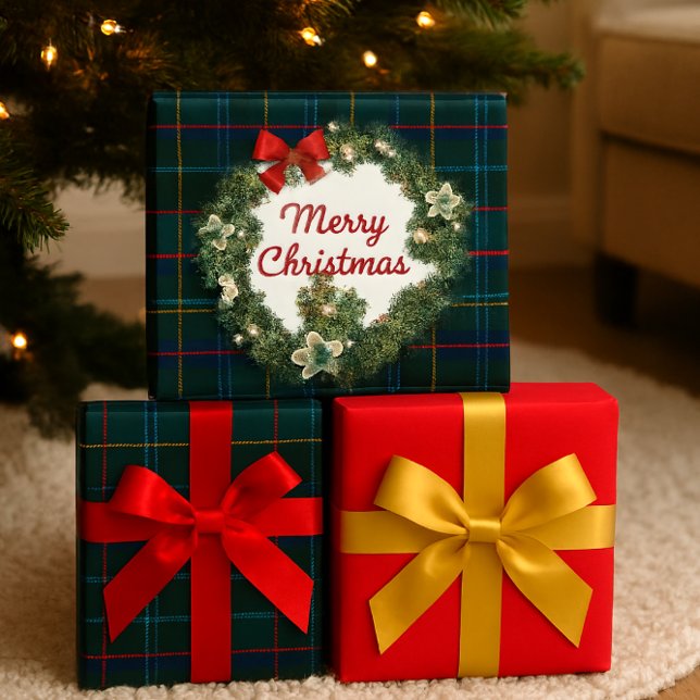 Christmas Tartan with Wreath Craft or Gift Wrapping Paper Sheets (AI created by Sgolis )