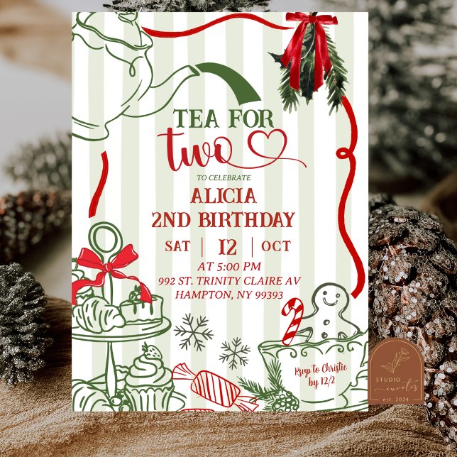 Christmas Tea 2nd Birthday Scribble Hand Drawn  Invitation (Creator Uploaded)