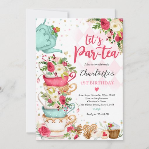 Christmas Tea Birthday Party Let's Par-tea Invitation | Zazzle