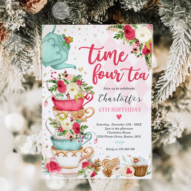 Christmas Tea Birthday Party Time Four Tea Party Invitation (Creator Uploaded)
