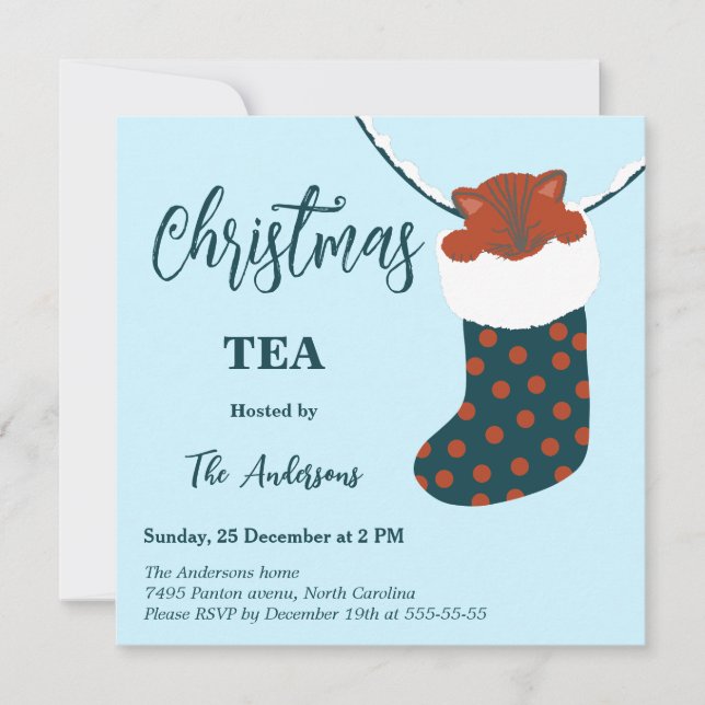  Christmas Tea Holly’s Boots Cat Party Invitation (Front)