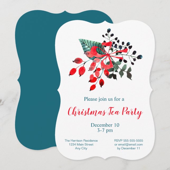 Christmas Tea Party Red Teal Winter Bouquet Invitation (Front/Back)