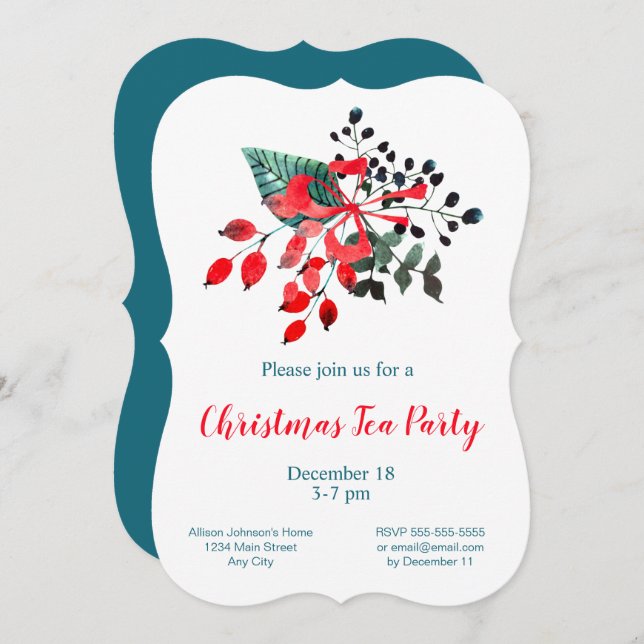 Christmas Tea Party Red & Teal Winter Bouquet Invitation (Front/Back)