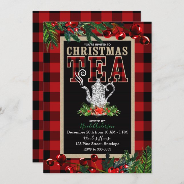 Christmas Tea Party Rustic Red Black Buffalo Plaid Invitation (Front/Back)