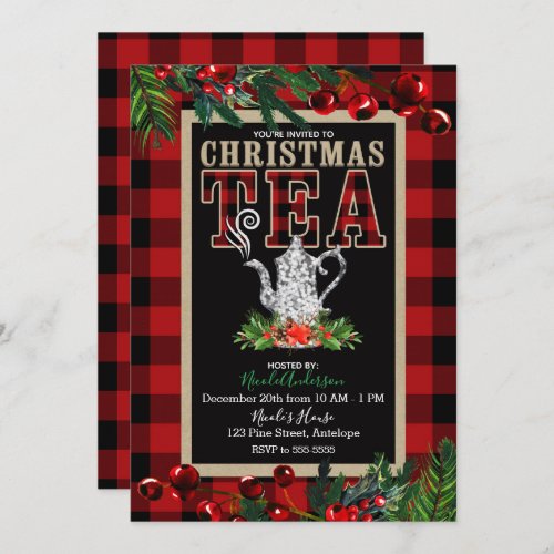 Christmas Tea Party Rustic Red Black Buffalo Plaid Invitation