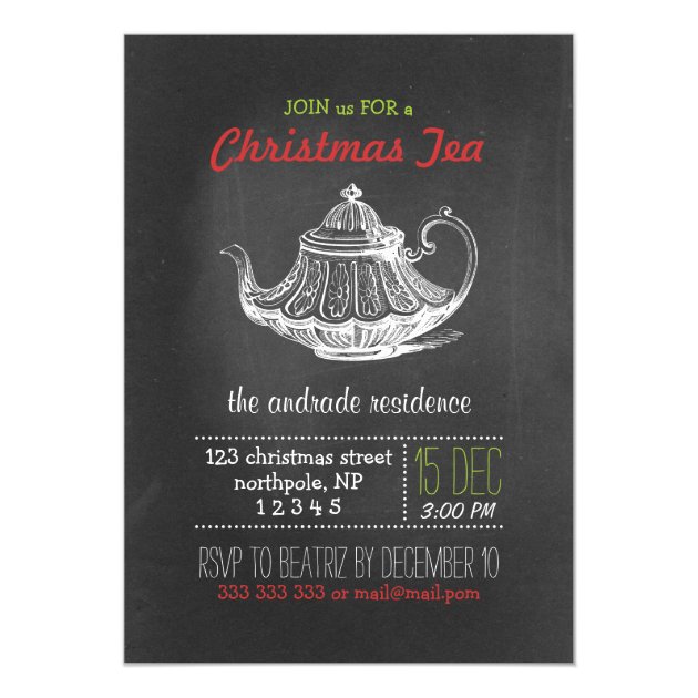 Christmas Tea Party Vintage Chalkboard Teapot Red Invitation