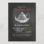 Christmas Tea Party Vintage Chalkboard Teapot Red Invitation<br><div class="desc">christmas tea party template, black vintage chalkboard style, victorian teapot/tea pot graphic, red/green/white text template, vintage holiday tea party design, dotted dividers, simple/fun/old fashioned/cool design, antique illustration/image/digital collage, black background, vintage inspired/style/look/looking, 5x7 flat, christmas colors. Christmas tea party design featuring antique illustration of victorian tea pot graphic, in white, and...</div>