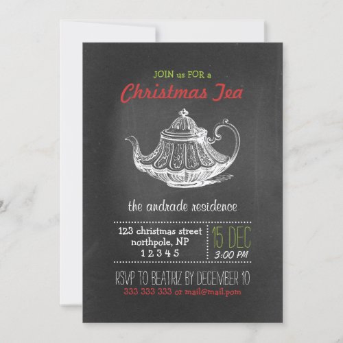 Christmas Tea Party Vintage Chalkboard Teapot Red Invitation