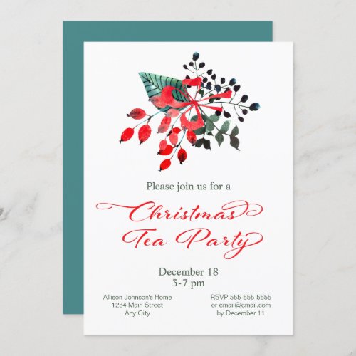 Christmas Tea Party Winter Berries Floral Invitation