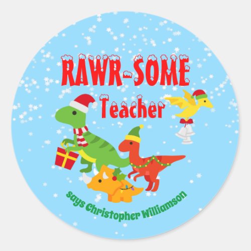 Christmas Teacher Appreciation Kids Dinosaur Blue Classic Round Sticker