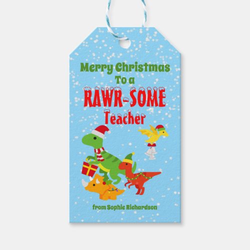 Christmas Teacher Appreciation Kids Dinosaur Blue Gift Tags