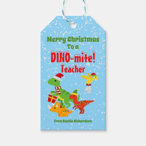 Christmas Teacher Appreciation Kids Dinosaur Blue Gift Tags