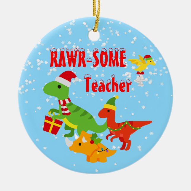 Christmas Teacher Appreciation Kids Dinosaur Ceramic Ornament (Front)