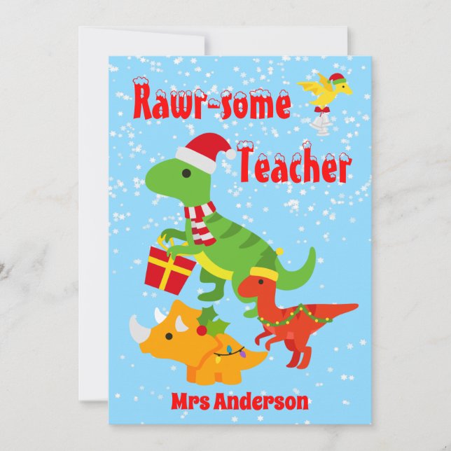 Christmas Teacher Appreciation Kids Dinosaur Flat Holiday Card (Front)