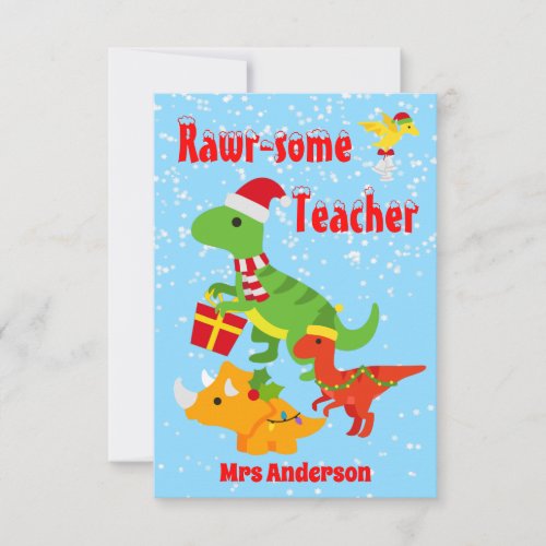 Christmas Teacher Appreciation Kids Dinosaur Flat Thank You Card